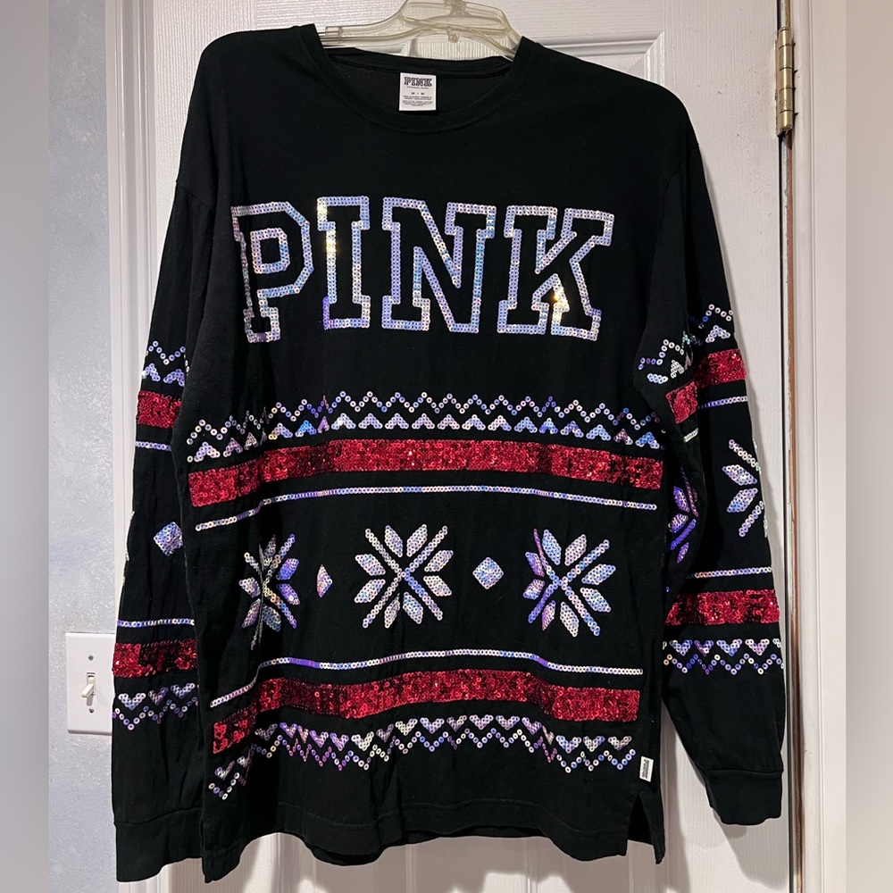 PINK VICTORIAS SECRET Sequin long sleeve holiday tee.